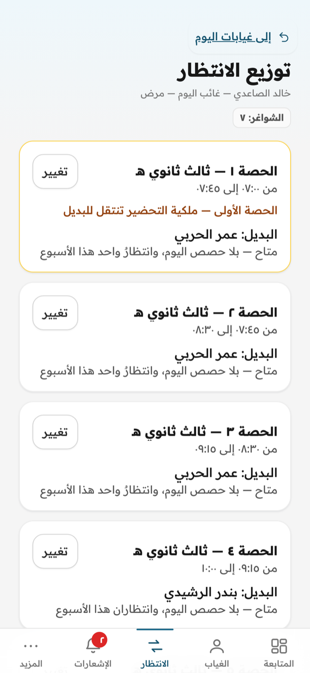 شاشة توزيع الانتظار: سبع حصص شاغرة لمعلم غائب، ولكلٍّ بديلٌ مرشَّح بعبئه